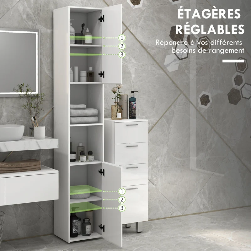 Meuble colonne de salle de bain 30 x 30 x 181,5 cm étagères réglables contemporain épuré en panneau de particules blanc 21_0002002