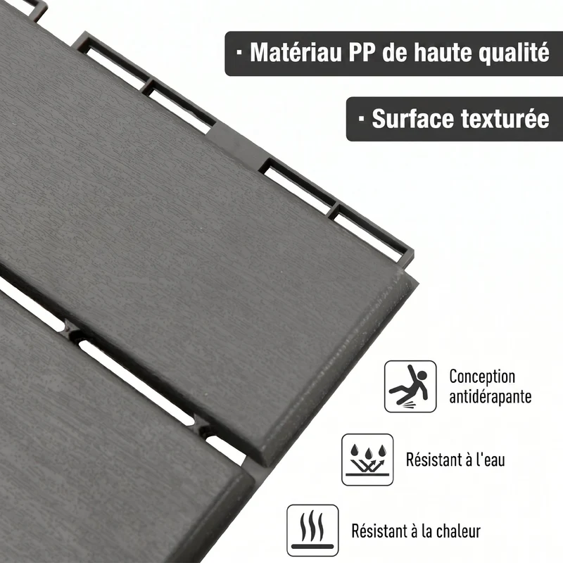 Lot de 9 caillebotis dalles terrasse 30 x 30 x 2 cm emboîtables antidérapant moderne épuré usage extérieur en PP noir 21_0003944