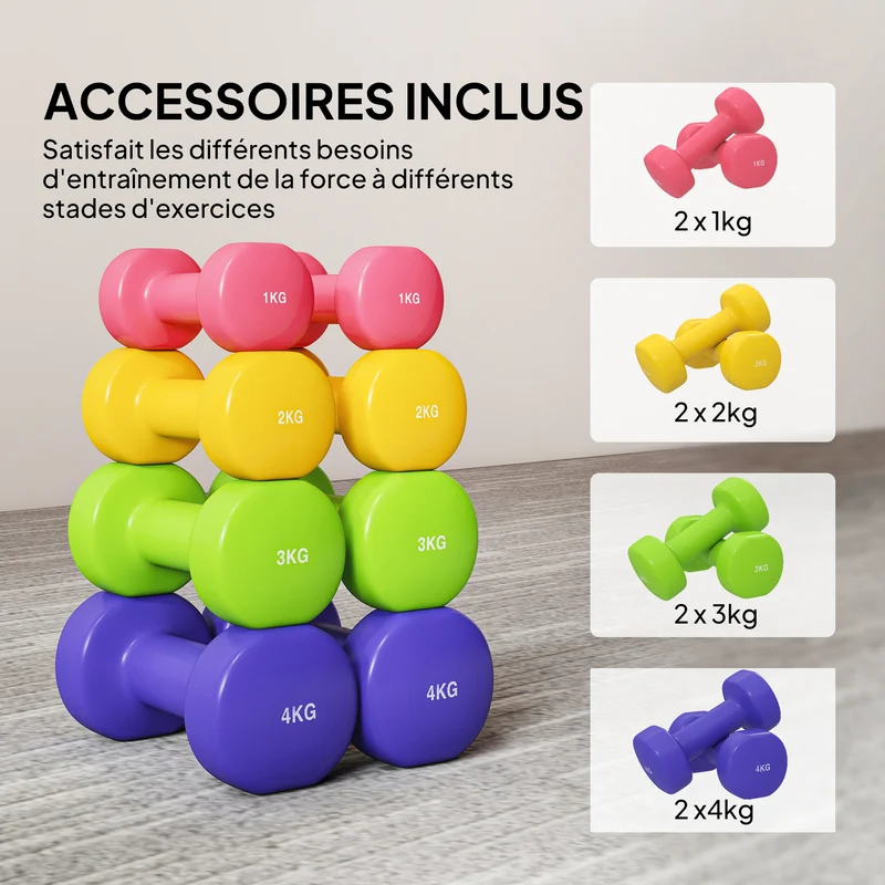Lot de 8 haltères hexagonaux musculation domicile compact 9 x 19 cm anti-roulement moderne épuré en polyuréthane violet 21_0006789