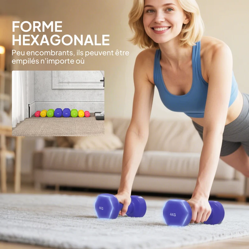 Lot de 8 haltères hexagonaux musculation domicile compact 9 x 19 cm anti-roulement moderne épuré en polyuréthane violet 21_0006789
