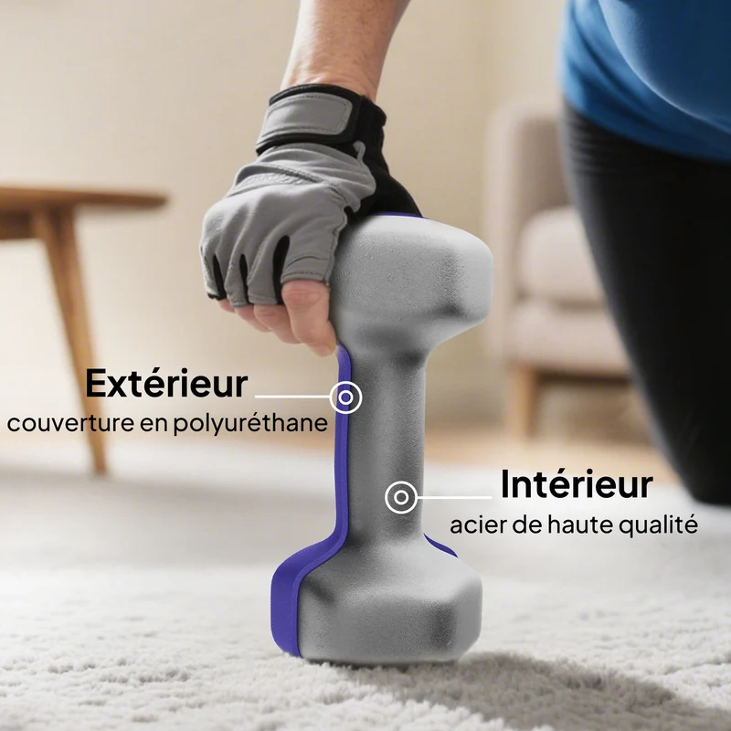 Lot de 8 haltères hexagonaux musculation domicile compact 9 x 19 cm anti-roulement moderne épuré en polyuréthane violet 21_0006789