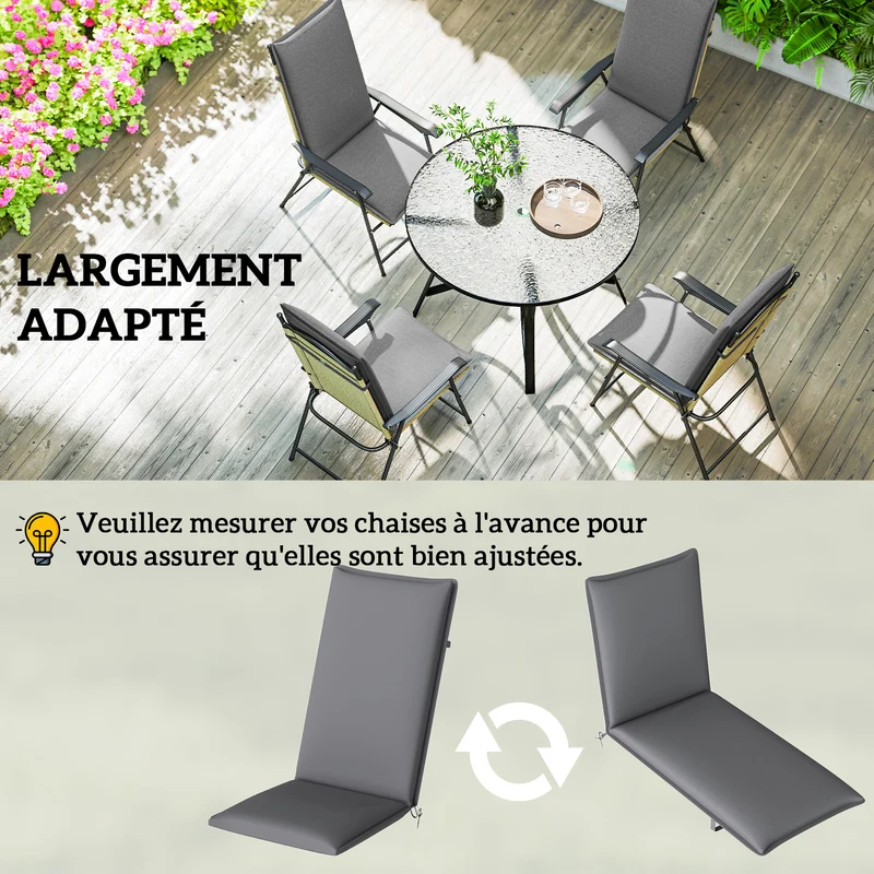 Lot de 4 coussins de chaise extérieur 124 x 50 x 5 cm anti-décoloration mousse 25D design cosy en polyester gris foncé 21_0005283