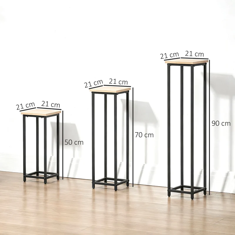 Lot de 3 supports pots de fleurs carrés empilables 21 x 21 x 50/70/90 cm gain de place industriel rustique en acier noir 21_0004273