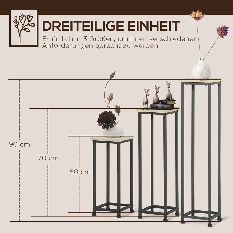 Lot de 3 supports pots de fleurs carrés empilables 21 x 21 x 50/70/90 cm gain de place industriel rustique en acier noir 21_0004273
