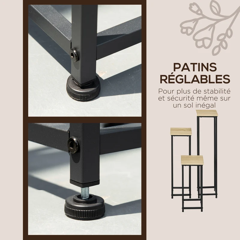 Lot de 3 supports pots de fleurs carrés empilables 21 x 21 x 50/70/90 cm gain de place industriel rustique en acier noir 21_0004273