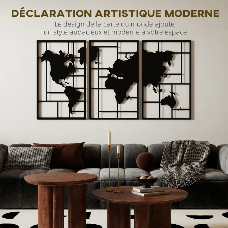 Lot de 3 décorations murales carte du monde géométrique 50 x 80 x 2 cm à accrocher moderne industriel en métal noir 21_0003706
