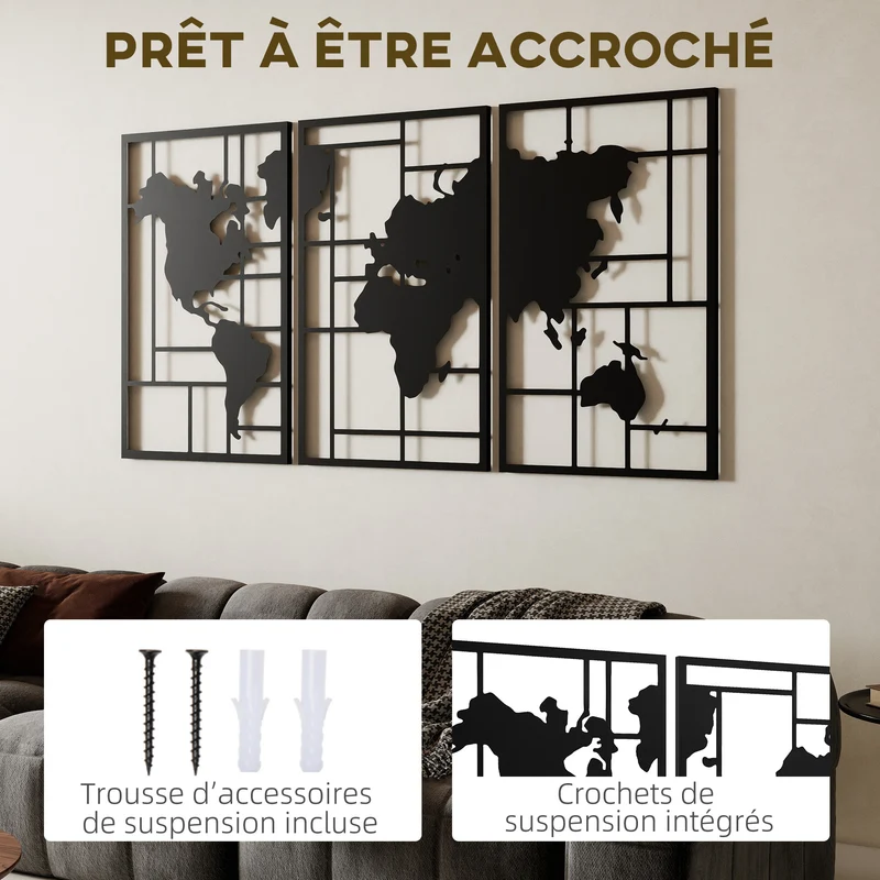 Lot de 3 décorations murales carte du monde géométrique 50 x 80 x 2 cm à accrocher moderne industriel en métal noir 21_0003706