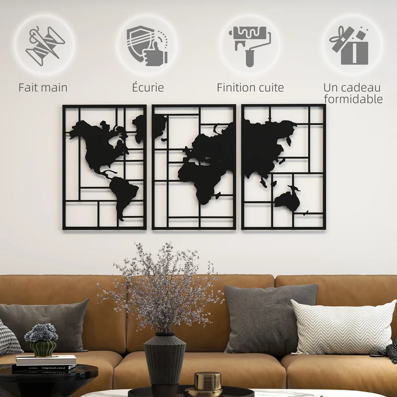 Lot de 3 décorations murales carte du monde géométrique 50 x 80 x 2 cm à accrocher moderne industriel en métal noir 21_0003706