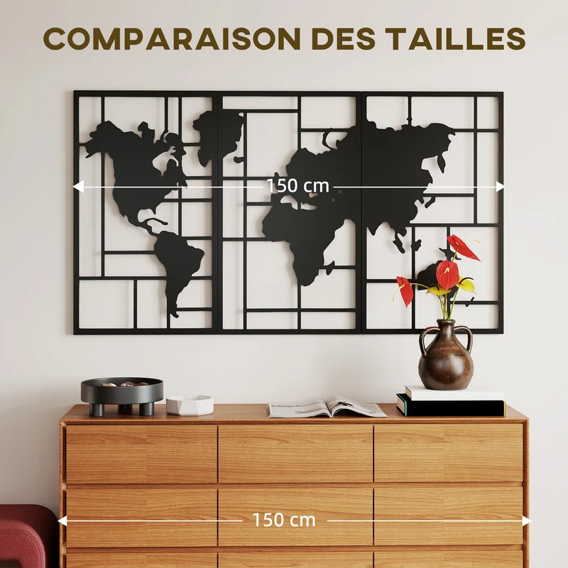 Lot de 3 décorations murales carte du monde géométrique 50 x 80 x 2 cm à accrocher moderne industriel en métal noir 21_0003706