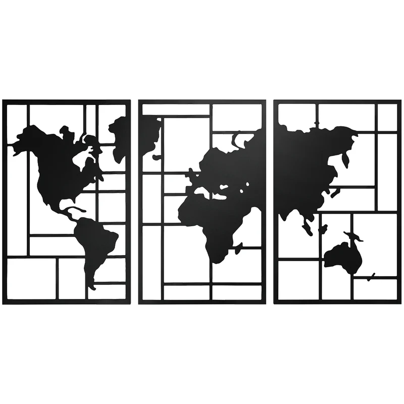 Lot de 3 décorations murales carte du monde géométrique 50 x 80 x 2 cm à accrocher moderne industriel en métal noir 21_0003706