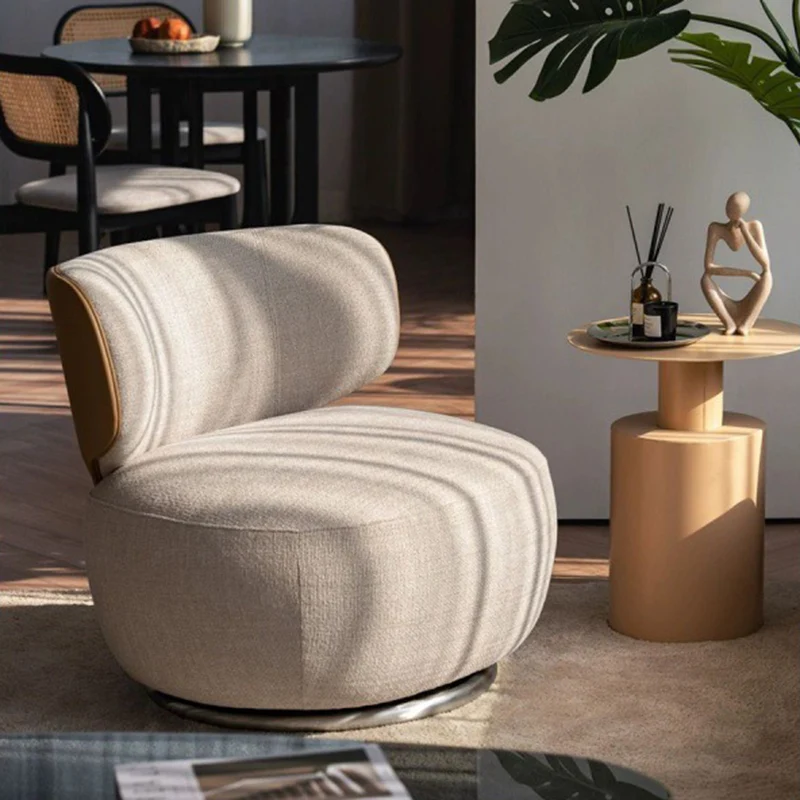 Modern Minimalist Round Linen Faux Leather Eucalyptus Wood Iron 360°Swivel Accent Chair Backrest Armless For Living Room