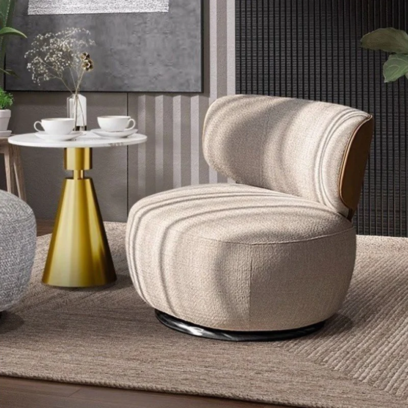 Modern Minimalist Round Linen Faux Leather Eucalyptus Wood Iron 360°Swivel Accent Chair Backrest Armless For Living Room
