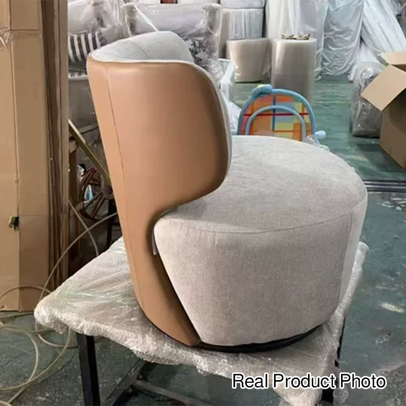 Modern Minimalist Round Linen Faux Leather Eucalyptus Wood Iron 360°Swivel Accent Chair Backrest Armless For Living Room