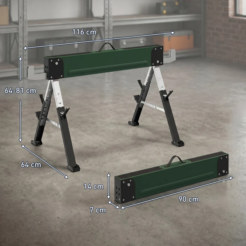 Lot de 2 tréteaux pliables chantier multiusage 116 x 64 x 64-81 cm charge 1160 kg portables industriel en métal vert 21_0007131