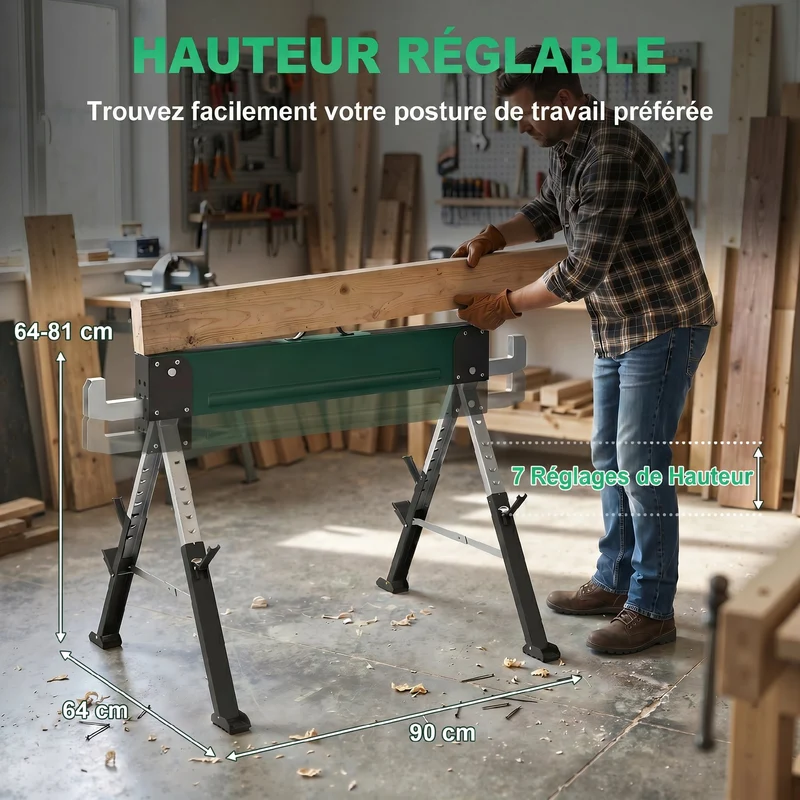Lot de 2 tréteaux pliables chantier multiusage 116 x 64 x 64-81 cm charge 1160 kg portables industriel en métal vert 21_0007131