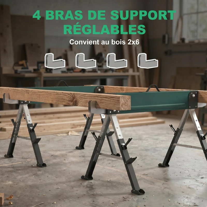 Lot de 2 tréteaux pliables chantier multiusage 116 x 64 x 64-81 cm charge 1160 kg portables industriel en métal vert 21_0007131