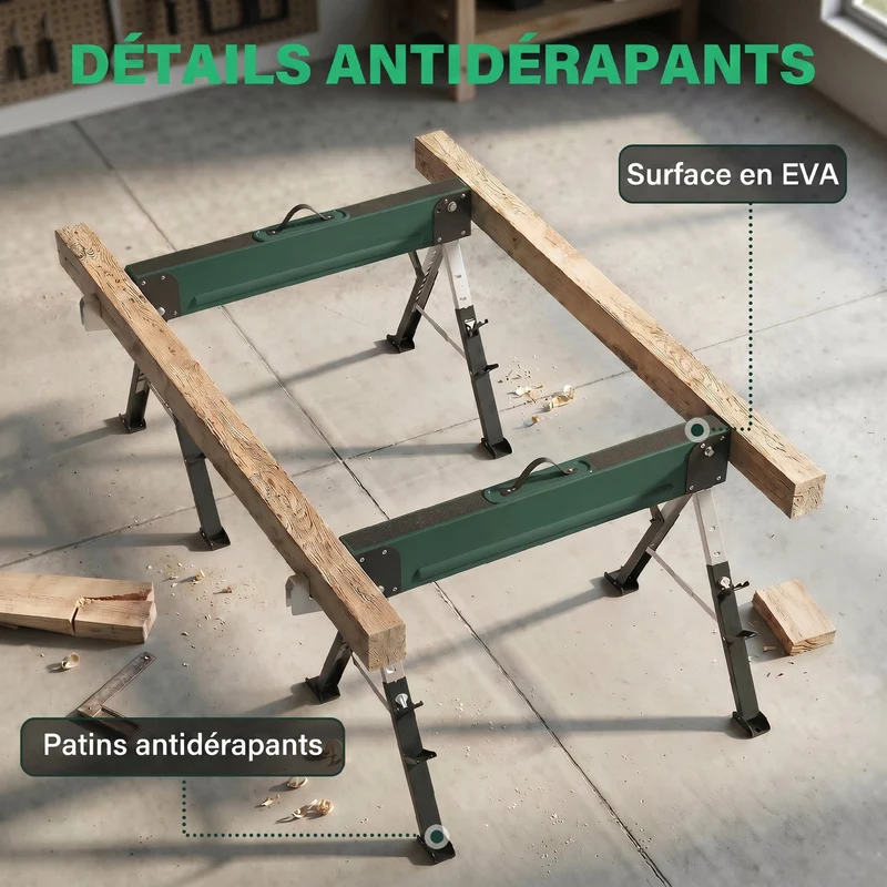 Lot de 2 tréteaux pliables chantier multiusage 116 x 64 x 64-81 cm charge 1160 kg portables industriel en métal vert 21_0007131