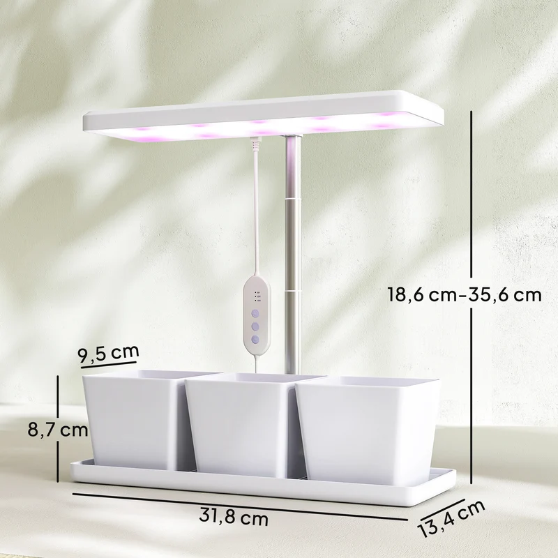 Lampe de croissance intérieur 3 pots auto arrosants 31.8 x 13.4 x 35.6 cm hauteur réglable bureau moderne en PP blanc 21_0005582