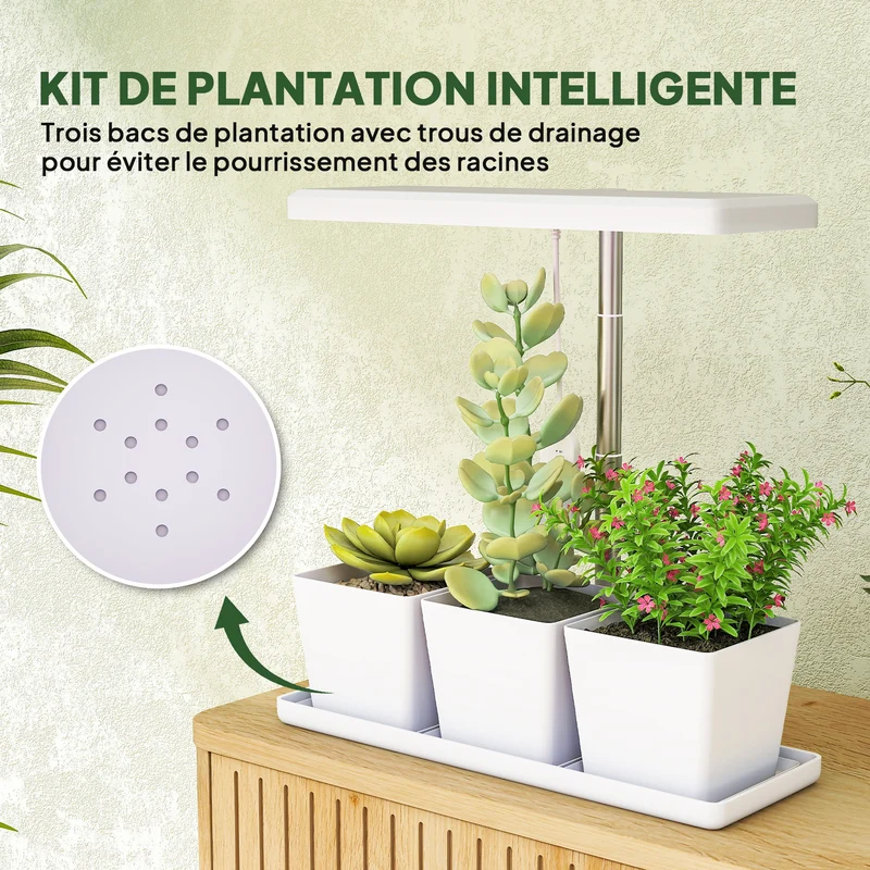 Lampe de croissance intérieur 3 pots auto arrosants 31.8 x 13.4 x 35.6 cm hauteur réglable bureau moderne en PP blanc 21_0005582