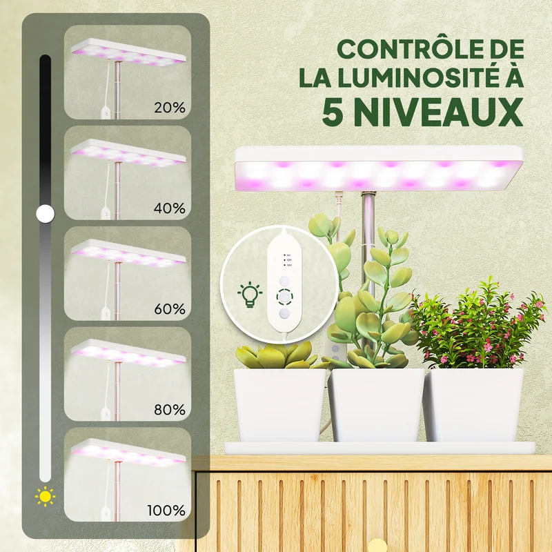 Lampe de croissance intérieur 3 pots auto arrosants 31.8 x 13.4 x 35.6 cm hauteur réglable bureau moderne en PP blanc 21_0005582