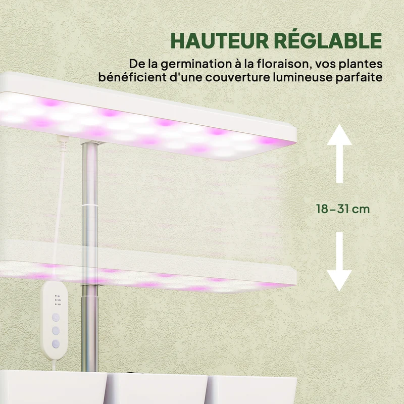 Lampe de croissance intérieur 3 pots auto arrosants 31.8 x 13.4 x 35.6 cm hauteur réglable bureau moderne en PP blanc 21_0005582