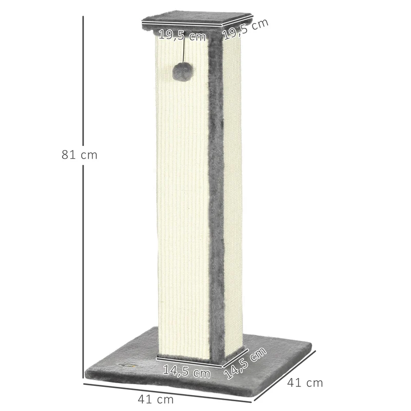 Griffoir pour chat tour d'activité 41 x 41 x 81 cm base stable balle suspendue peluche design intérieur en sisal gris 21_0007692