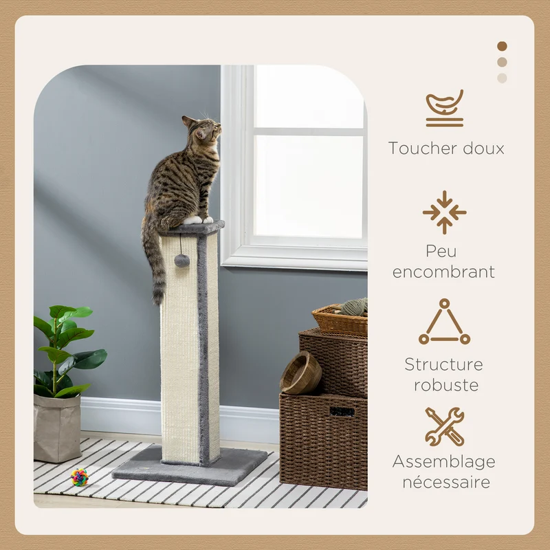 Griffoir pour chat tour d'activité 41 x 41 x 81 cm base stable balle suspendue peluche design intérieur en sisal gris 21_0007692