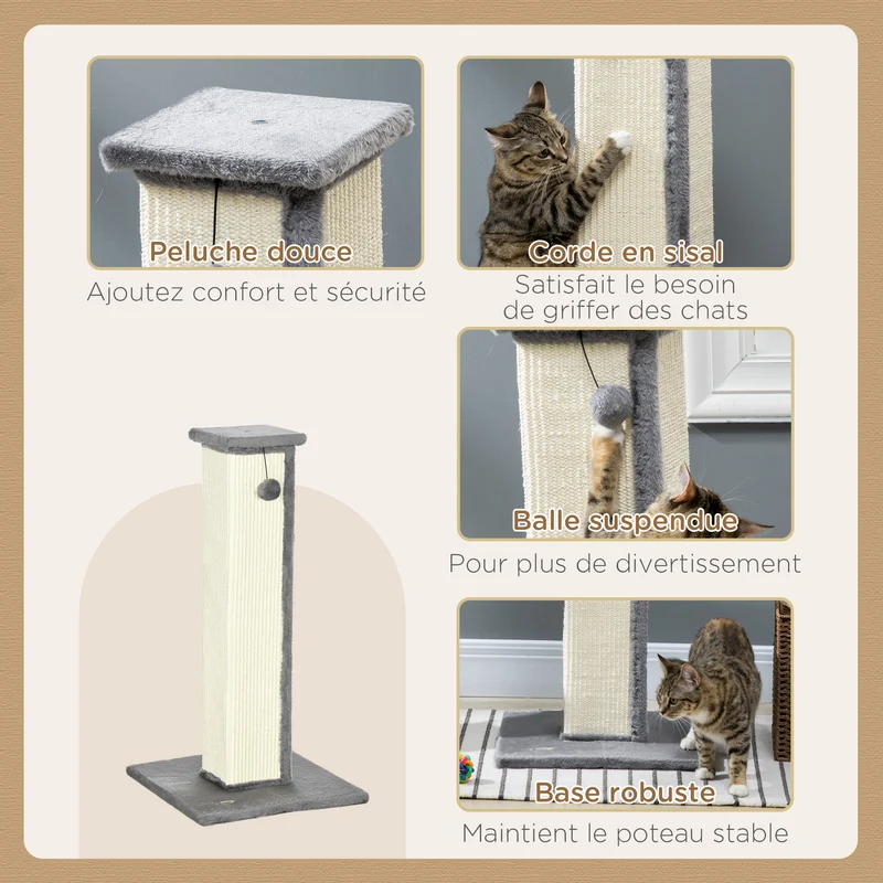 Griffoir pour chat tour d'activité 41 x 41 x 81 cm base stable balle suspendue peluche design intérieur en sisal gris 21_0007692