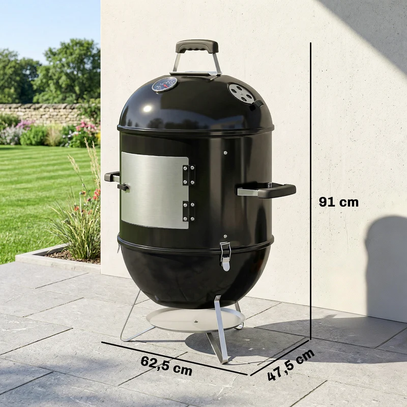 Fumoir 3 en 1 barbecue 62,5 x 47,5 x 91 cm thermomètre intégré cuisson lente usage extérieur industriel en métal noir 21_0004424