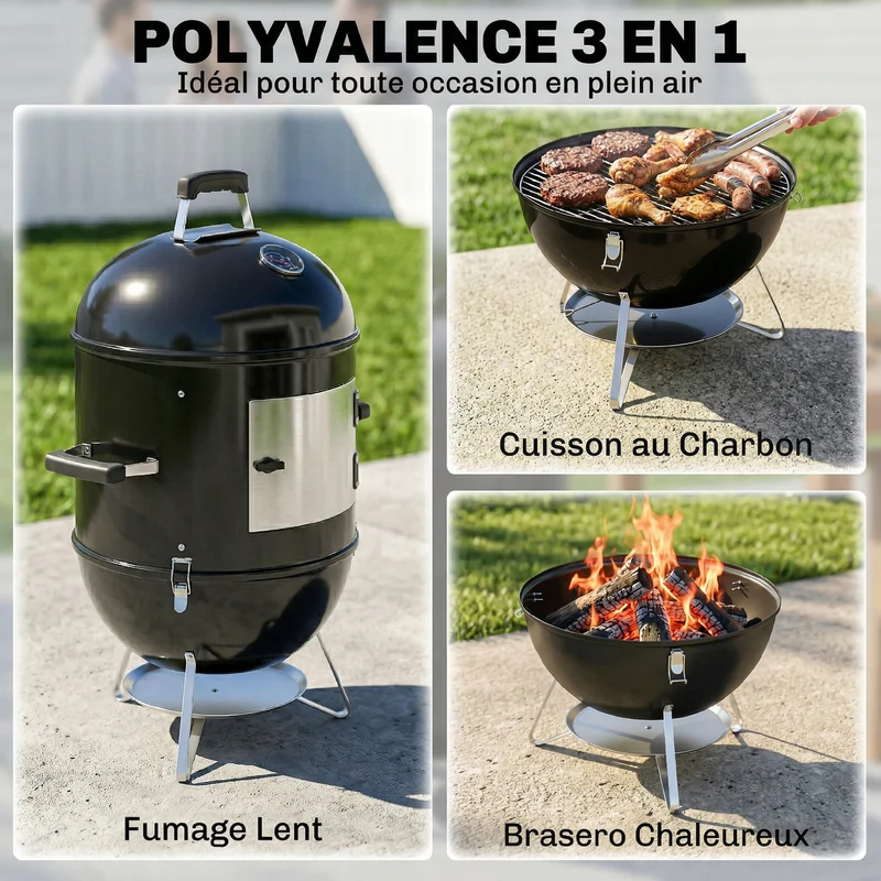 Fumoir 3 en 1 barbecue 62,5 x 47,5 x 91 cm thermomètre intégré cuisson lente usage extérieur industriel en métal noir 21_0004424
