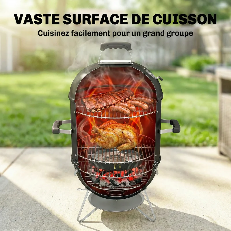 Fumoir 3 en 1 barbecue 62,5 x 47,5 x 91 cm thermomètre intégré cuisson lente usage extérieur industriel en métal noir 21_0004424
