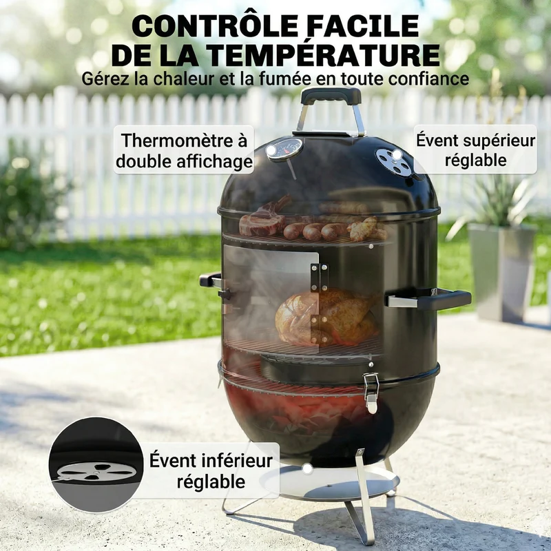 Fumoir 3 en 1 barbecue 62,5 x 47,5 x 91 cm thermomètre intégré cuisson lente usage extérieur industriel en métal noir 21_0004424