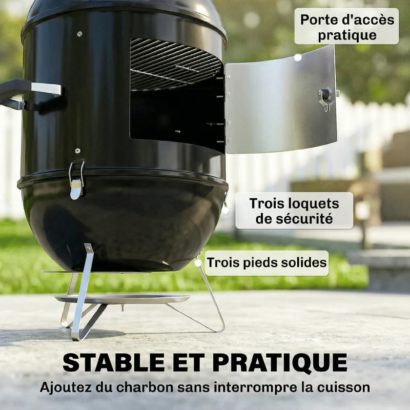Fumoir 3 en 1 barbecue 62,5 x 47,5 x 91 cm thermomètre intégré cuisson lente usage extérieur industriel en métal noir 21_0004424