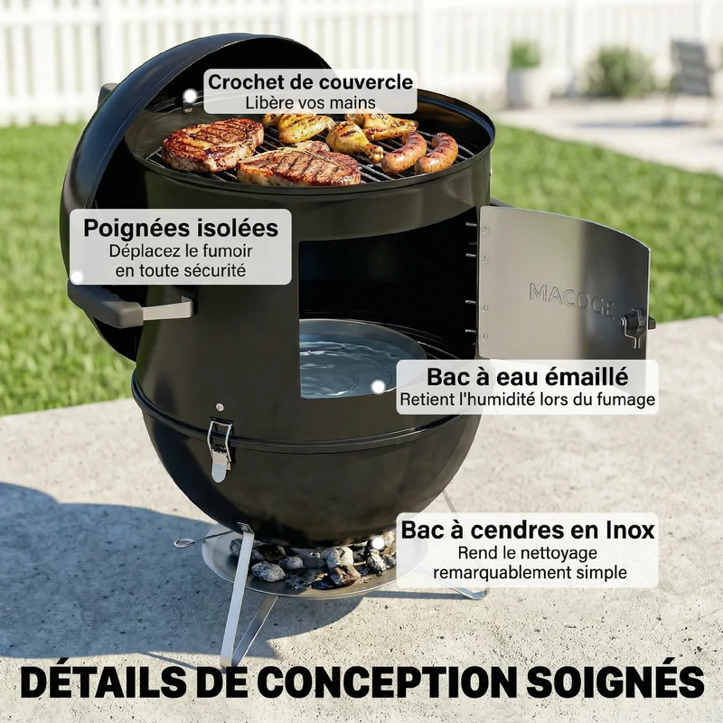 Fumoir 3 en 1 barbecue 62,5 x 47,5 x 91 cm thermomètre intégré cuisson lente usage extérieur industriel en métal noir 21_0004424