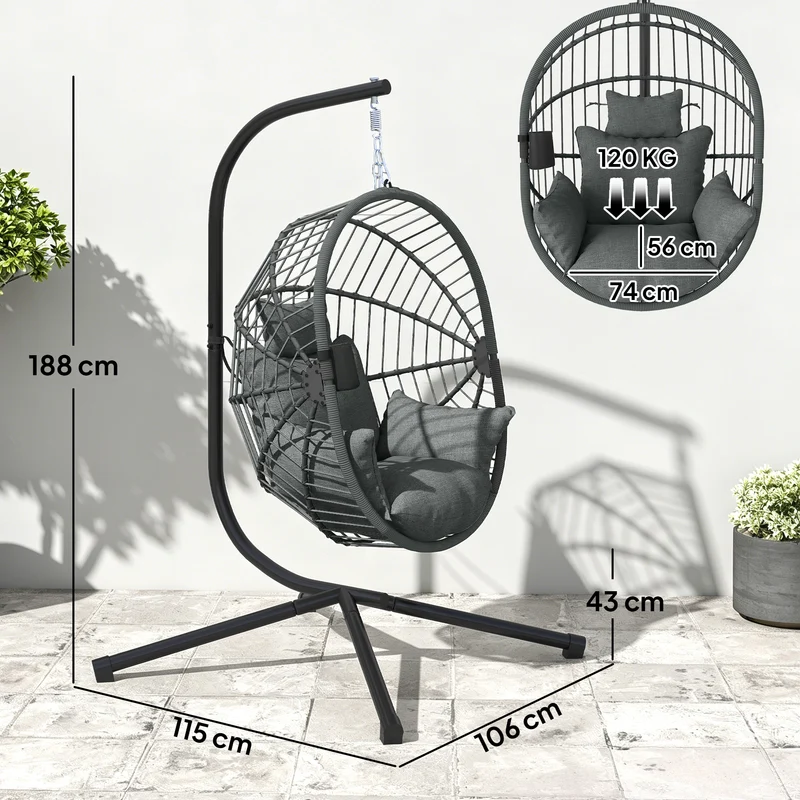 Fauteuil œuf suspendu extérieur 115 x 106 x 188 cm pliable coussin rembourré style scandinave contemporain en acier gris 21_0004513