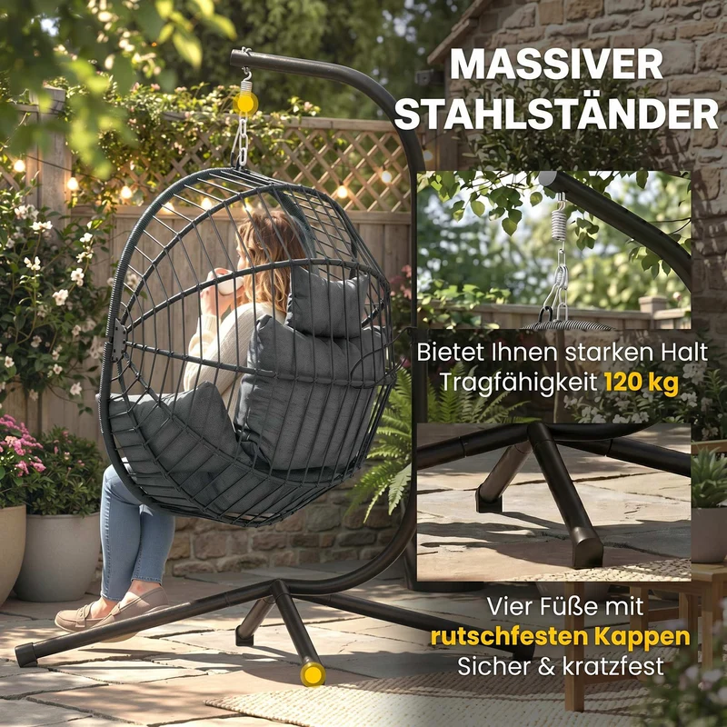 Fauteuil œuf suspendu extérieur 115 x 106 x 188 cm pliable coussin rembourré style scandinave contemporain en acier gris 21_0004513