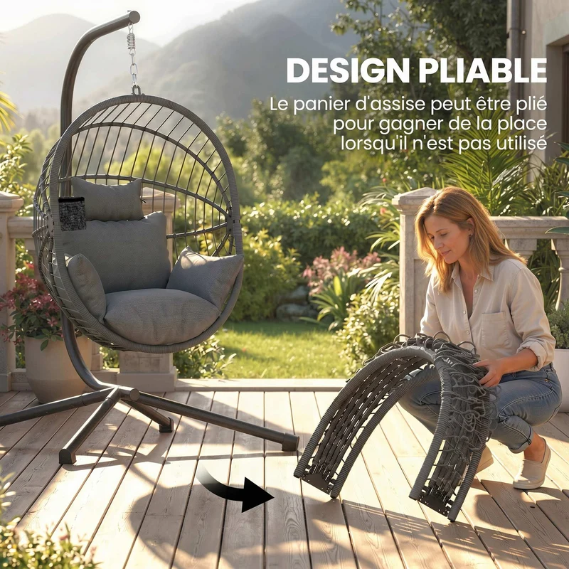Fauteuil œuf suspendu extérieur 115 x 106 x 188 cm pliable coussin rembourré style scandinave contemporain en acier gris 21_0004513