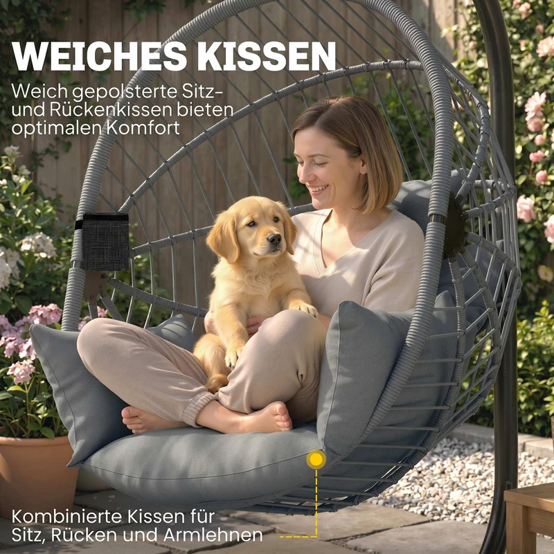Fauteuil œuf suspendu extérieur 115 x 106 x 188 cm pliable coussin rembourré style scandinave contemporain en acier gris 21_0004513
