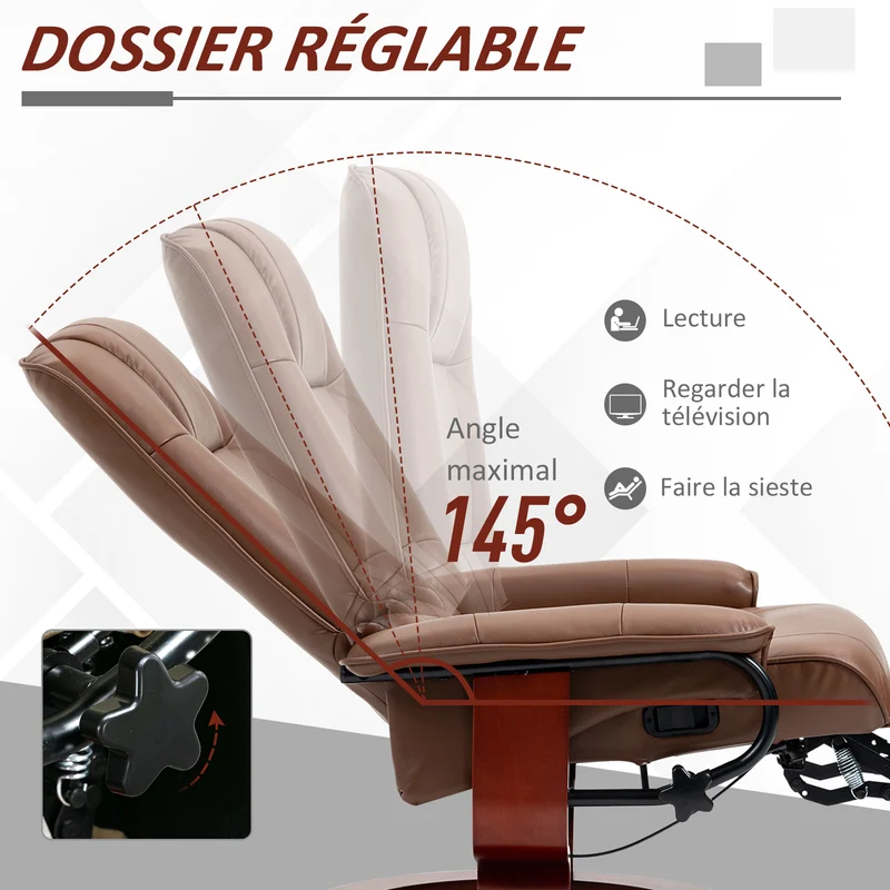 Fauteuil relax inclinable pivotant 360 repose-pied réglable 78 x 87 x 100 cm confort contemporain en polyuréthane marron 21_0001739