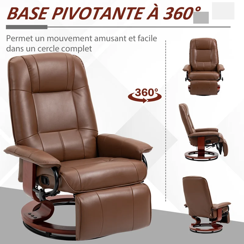 Fauteuil relax inclinable pivotant 360 repose-pied réglable 78 x 87 x 100 cm confort contemporain en polyuréthane marron 21_0001739