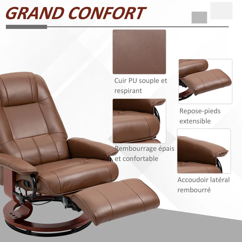 Fauteuil relax inclinable pivotant 360 repose-pied réglable 78 x 87 x 100 cm confort contemporain en polyuréthane marron 21_0001739