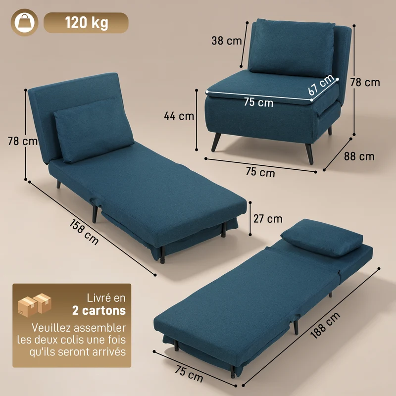 Fauteuil convertible 1 place pour salon 75 x 188 x 27 cm dossier 3 positions coussin amovible moderne en polyester bleu 21_0003674