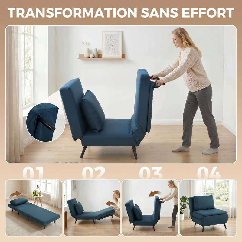 Fauteuil convertible 1 place pour salon 75 x 188 x 27 cm dossier 3 positions coussin amovible moderne en polyester bleu 21_0003674