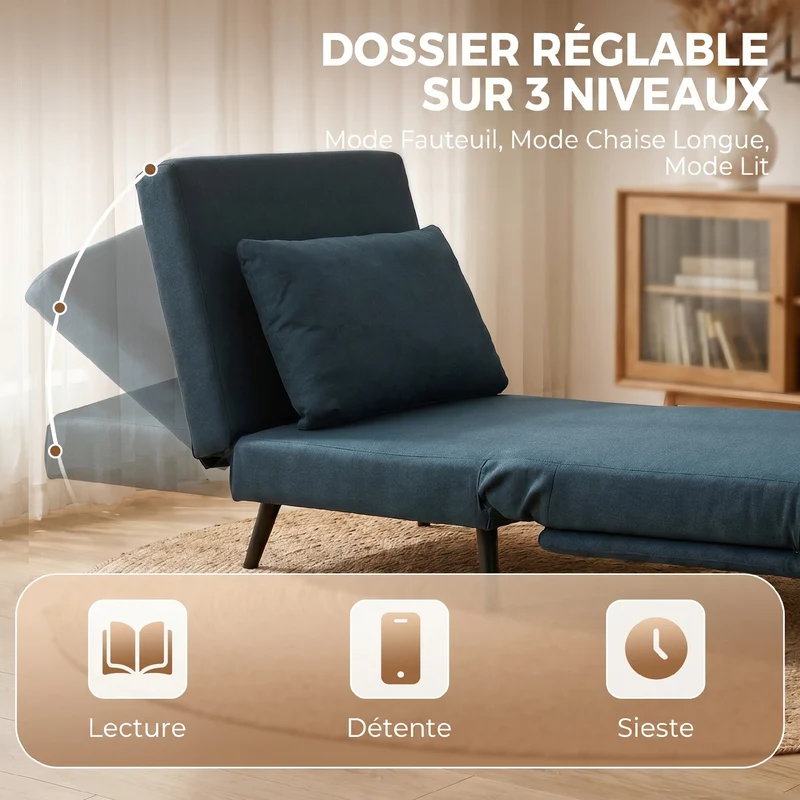 Fauteuil convertible 1 place pour salon 75 x 188 x 27 cm dossier 3 positions coussin amovible moderne en polyester bleu 21_0003674