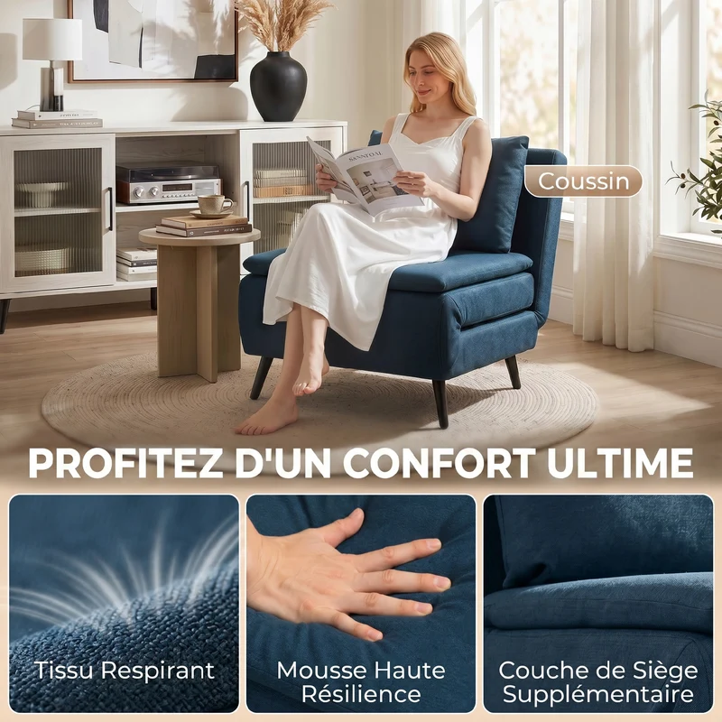 Fauteuil convertible 1 place pour salon 75 x 188 x 27 cm dossier 3 positions coussin amovible moderne en polyester bleu 21_0003674