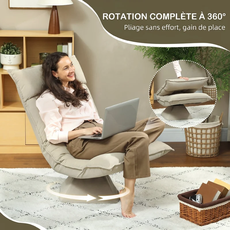 Chaise de sol pivotante 360° 62 x 70 x 95 cm dossier 3 positions rembourrage mousse moderne design en velours beige 21_0003511