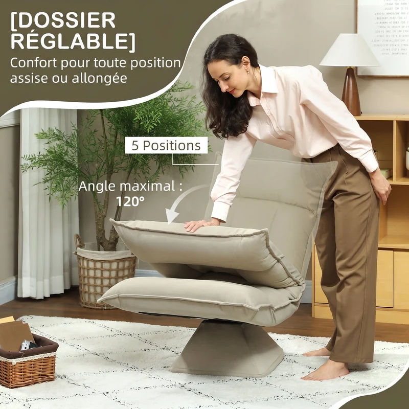 Chaise de sol pivotante 360° 62 x 70 x 95 cm dossier 3 positions rembourrage mousse moderne design en velours beige 21_0003511