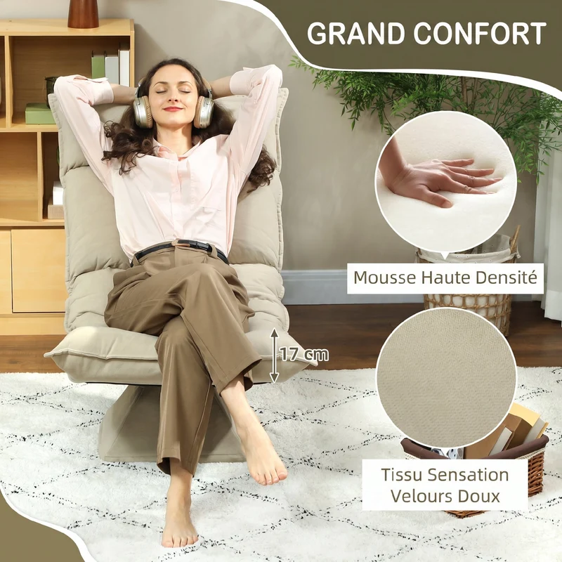 Chaise de sol pivotante 360° 62 x 70 x 95 cm dossier 3 positions rembourrage mousse moderne design en velours beige 21_0003511