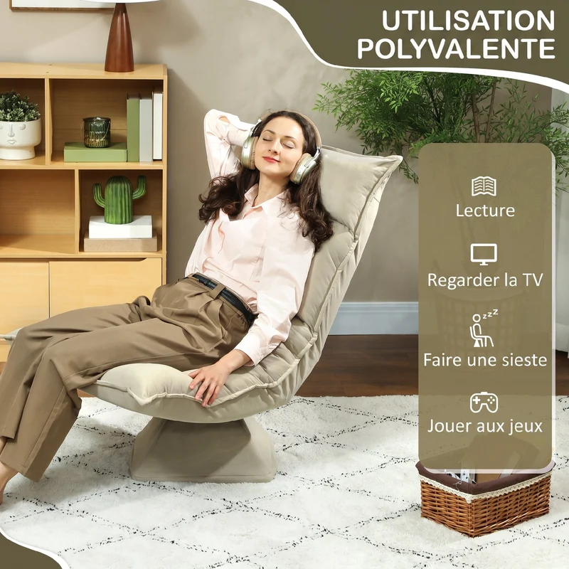 Chaise de sol pivotante 360° 62 x 70 x 95 cm dossier 3 positions rembourrage mousse moderne design en velours beige 21_0003511