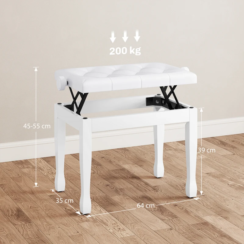 Banc de piano réglable assise capitonnée 64 x 35 x 45-55 cm confort mousse haute densité classique élégant en bois blanc 21_0008050